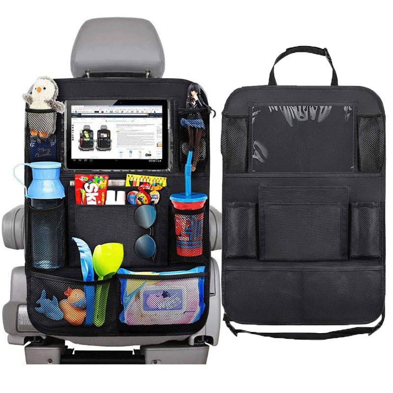 Flyou Car Backseat Organizer Phone Pocket Pouch for Books Tablet Mobile Drinks Tissue Travel Storage Bag Car Organizer Multi-Pocket Back Seat Storage Bag Beige
